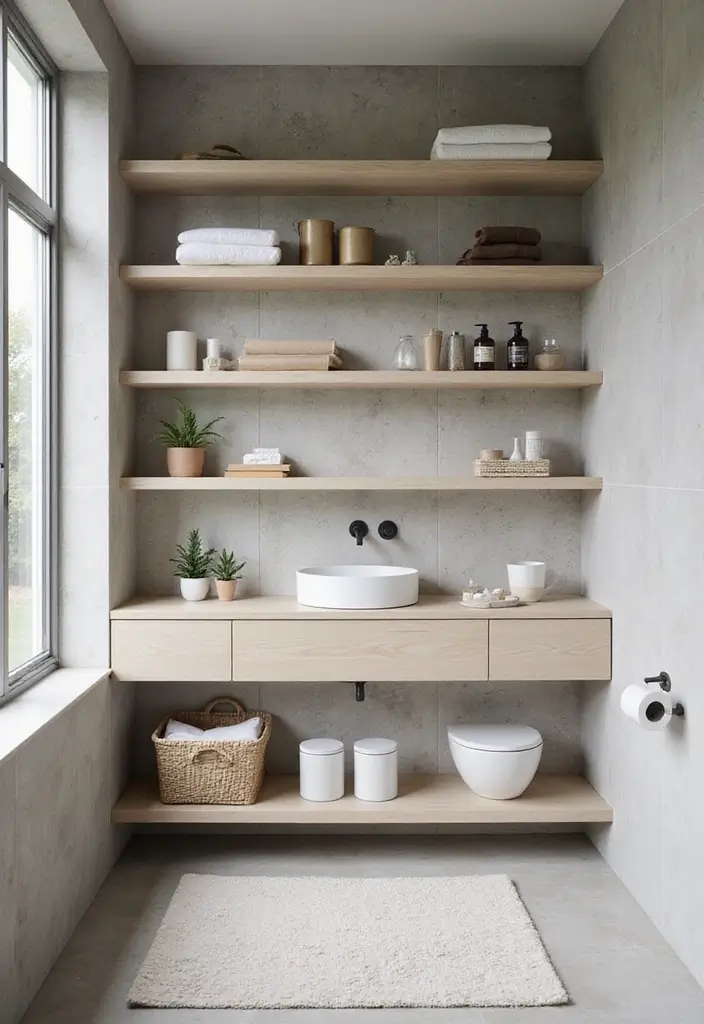 29 Modern Gray Bathroom Designs That Feel Sophisticated - 22. Open Shelving