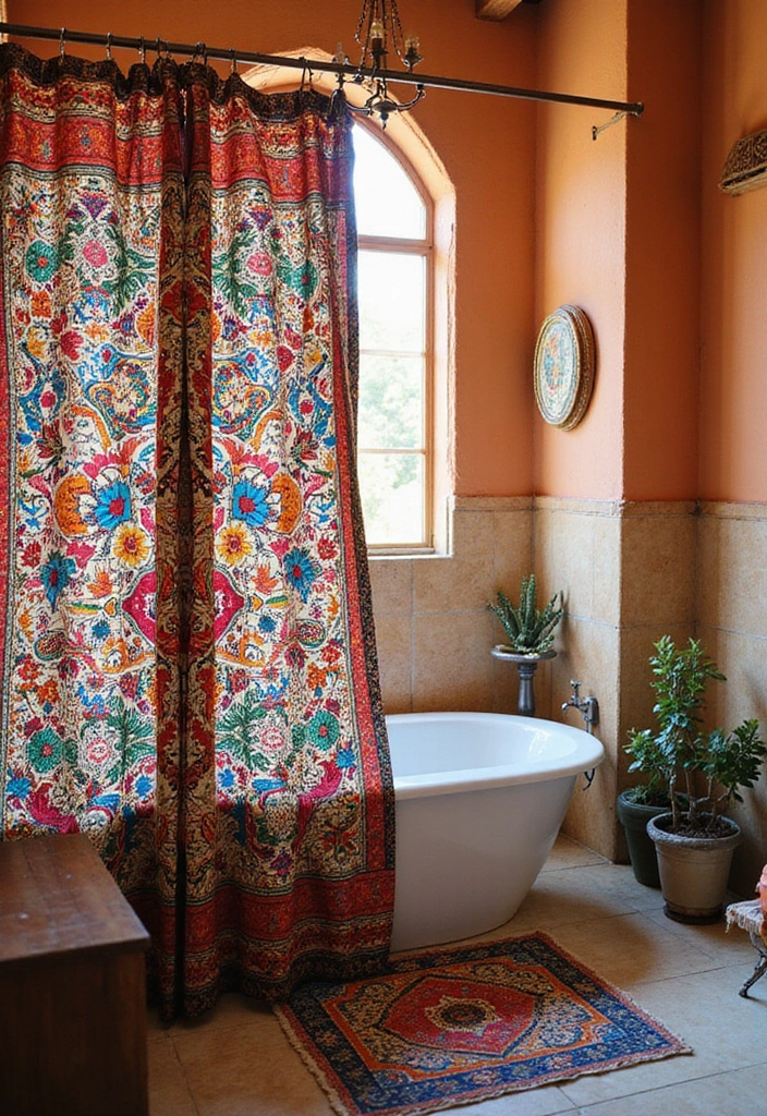 29 Moroccan Style Bathroom Designs Full Of Detail - 11. Colorful Shower Curtains