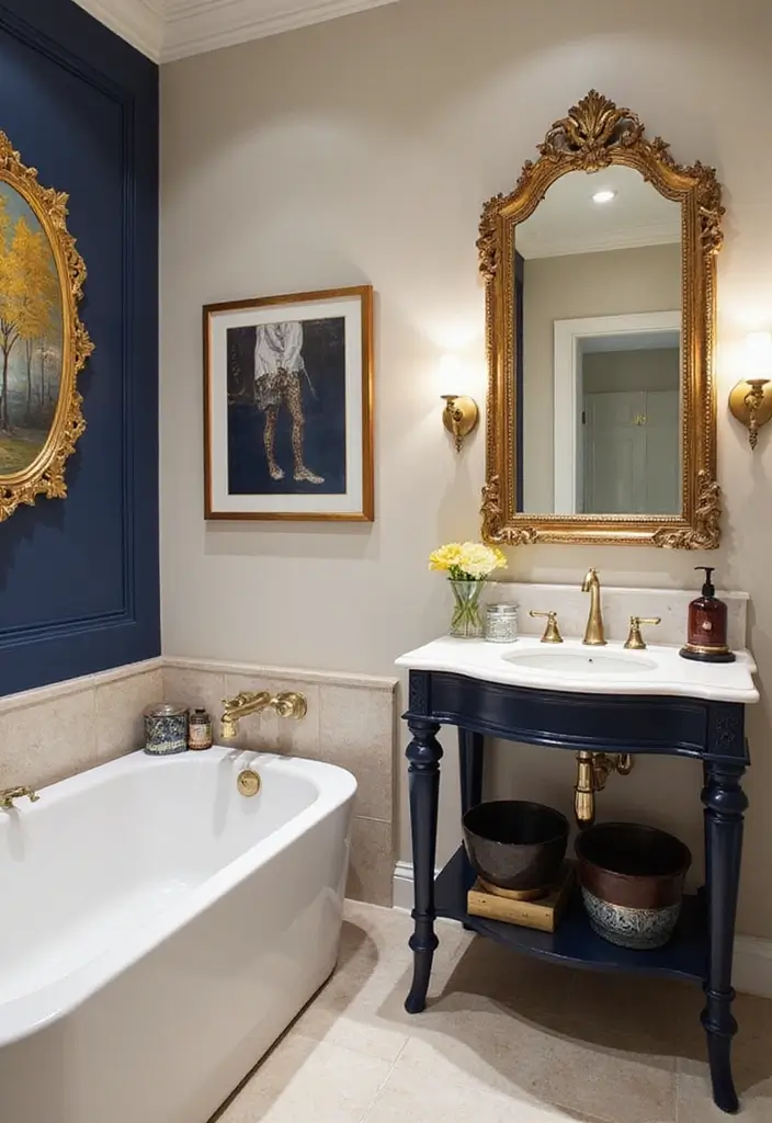 29 Navy Blue And Gold Bathroom Designs That Exude Luxury - 10. Gold and Navy Artwork