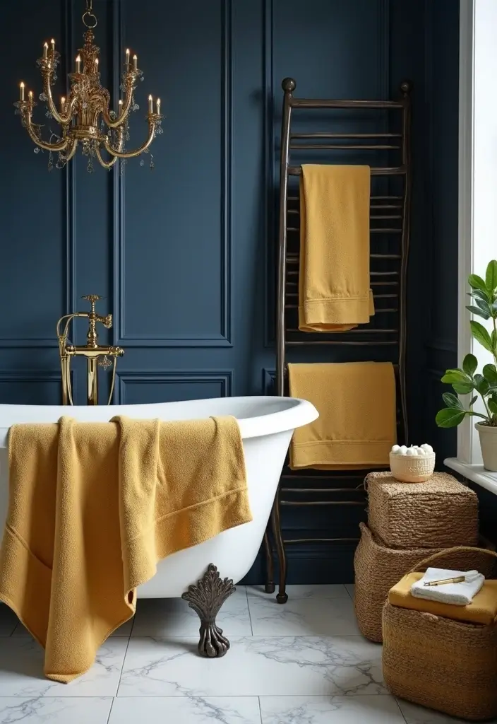 29 Navy Blue And Gold Bathroom Designs That Exude Luxury - 11. Gold Bath Linens
