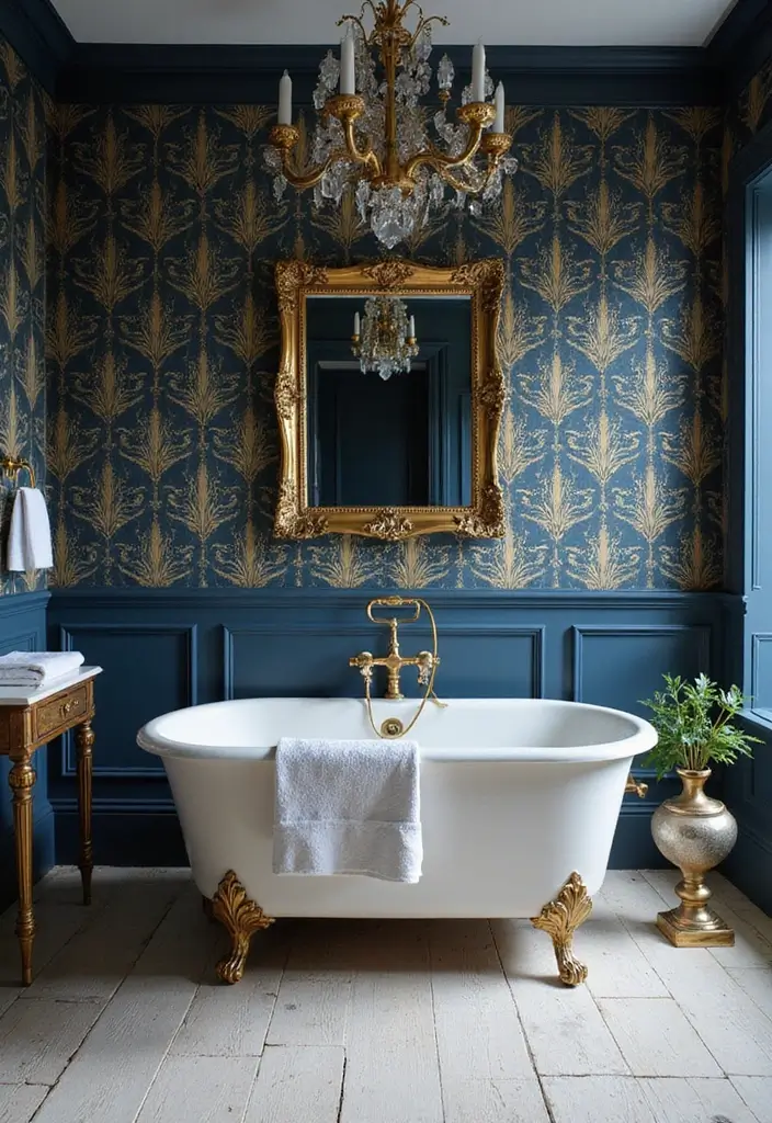 29 Navy Blue And Gold Bathroom Designs That Exude Luxury - 12. Navy and Gold Wallpaper