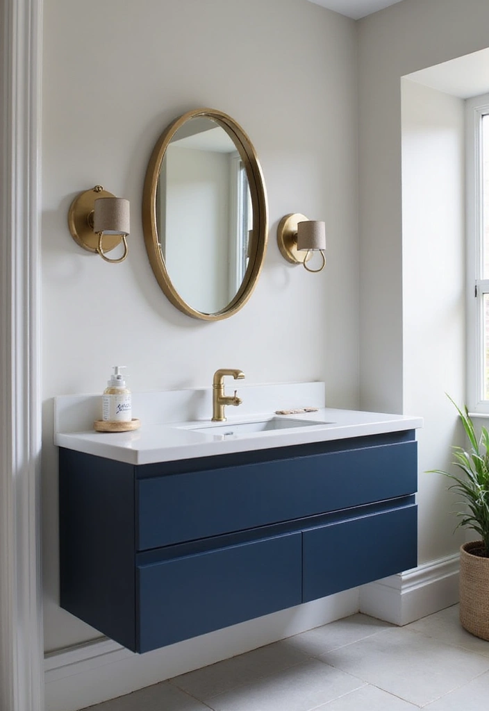29 Navy Blue And Gold Bathroom Designs That Exude Luxury - 14. Floating Vanities