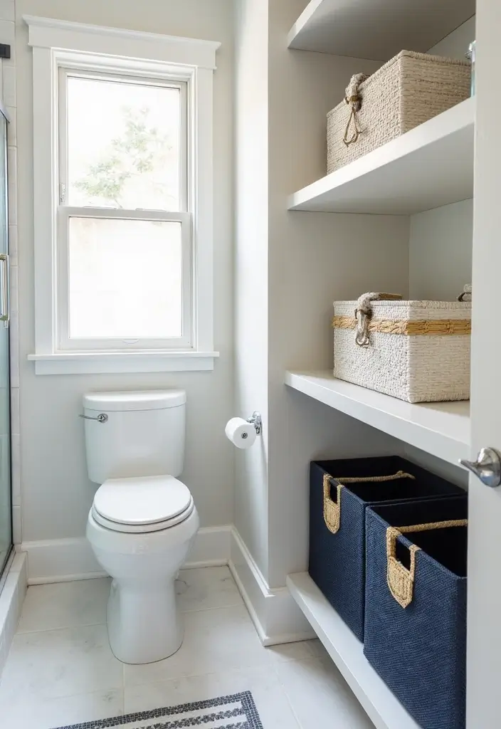 29 Navy Blue And Gold Bathroom Designs That Exude Luxury - 18. Elegant Storage Solutions