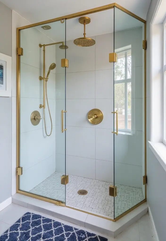 29 Navy Blue And Gold Bathroom Designs That Exude Luxury - 19. Gold Shower Accessories