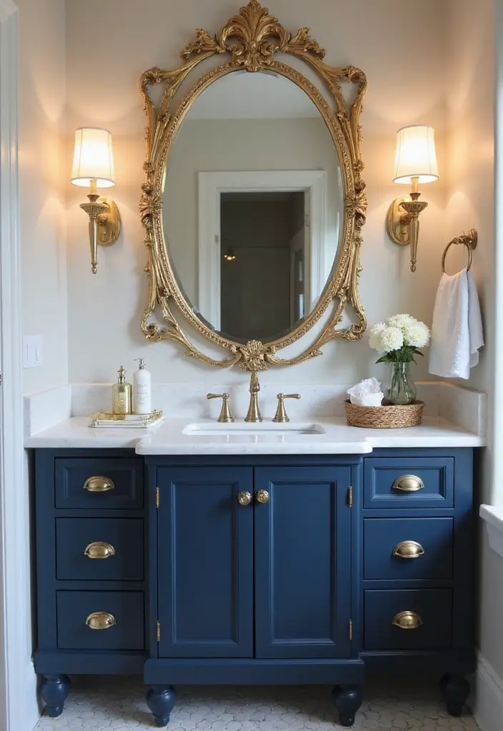 29 Navy Blue And Gold Bathroom Designs That Exude Luxury - 2. Gold Accented Mirrors