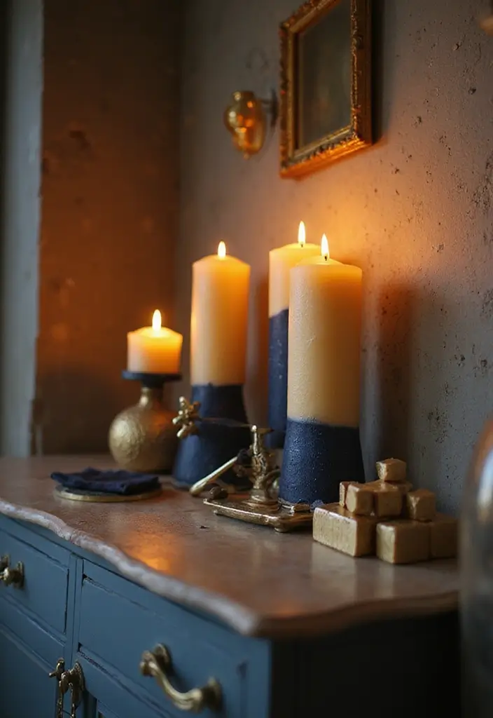 29 Navy Blue And Gold Bathroom Designs That Exude Luxury - 20. Gold and Navy Themed Candles