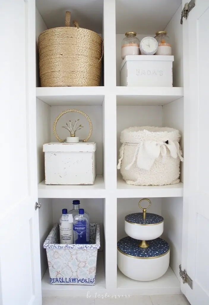 29 Navy Blue And Gold Bathroom Designs That Exude Luxury - 23. Creative Storage Ideas