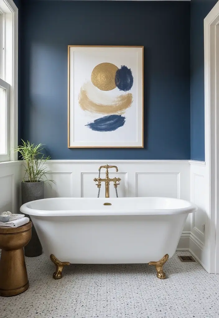 29 Navy Blue And Gold Bathroom Designs That Exude Luxury - 24. Elegant Wall Art