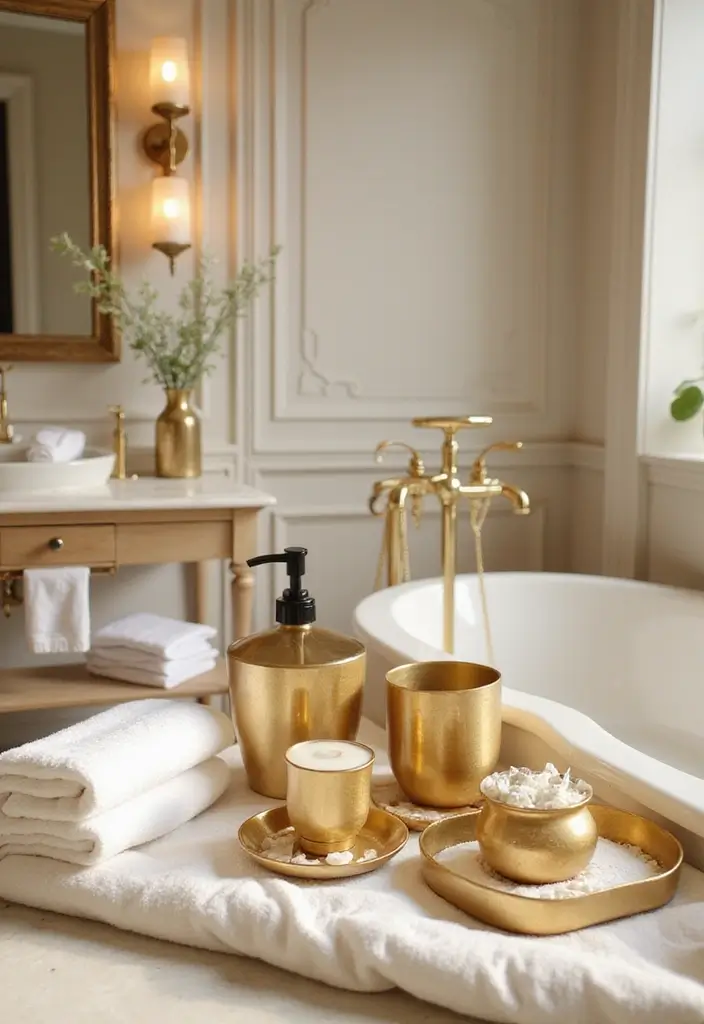 29 Navy Blue And Gold Bathroom Designs That Exude Luxury - 25. Gold-Themed Bath Accessories