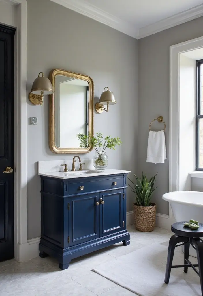 29 Navy Blue And Gold Bathroom Designs That Exude Luxury - 26. Gold and Navy Accented Furniture