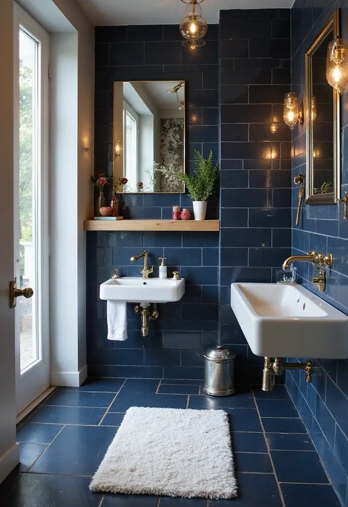 29 Navy Blue And Gold Bathroom Designs That Exude Luxury - 3. Navy Tiled Floors with Gold Grout