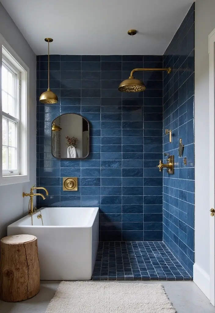 29 Navy Blue And Gold Bathroom Designs That Exude Luxury - 8. Navy Blue Accent Tiles