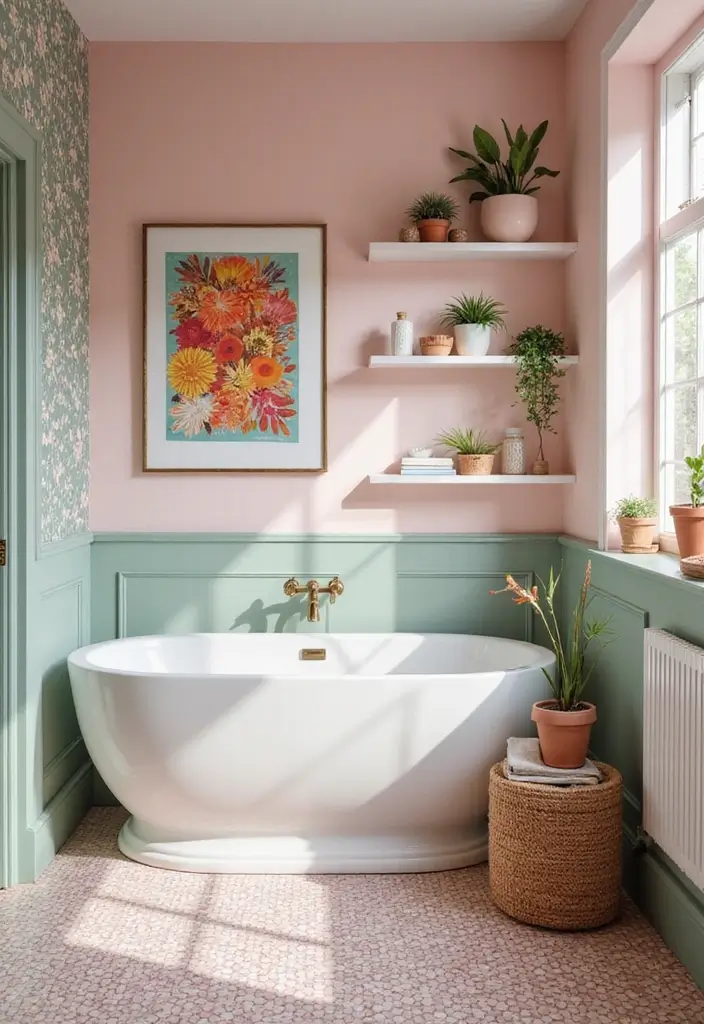 29 Pink And Green Bathroom Ideas That Look Trendy - 11. Wall Art and Décor