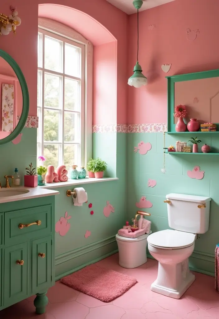 29 Pink And Green Bathroom Ideas That Look Trendy - 27. Fun and Quirky