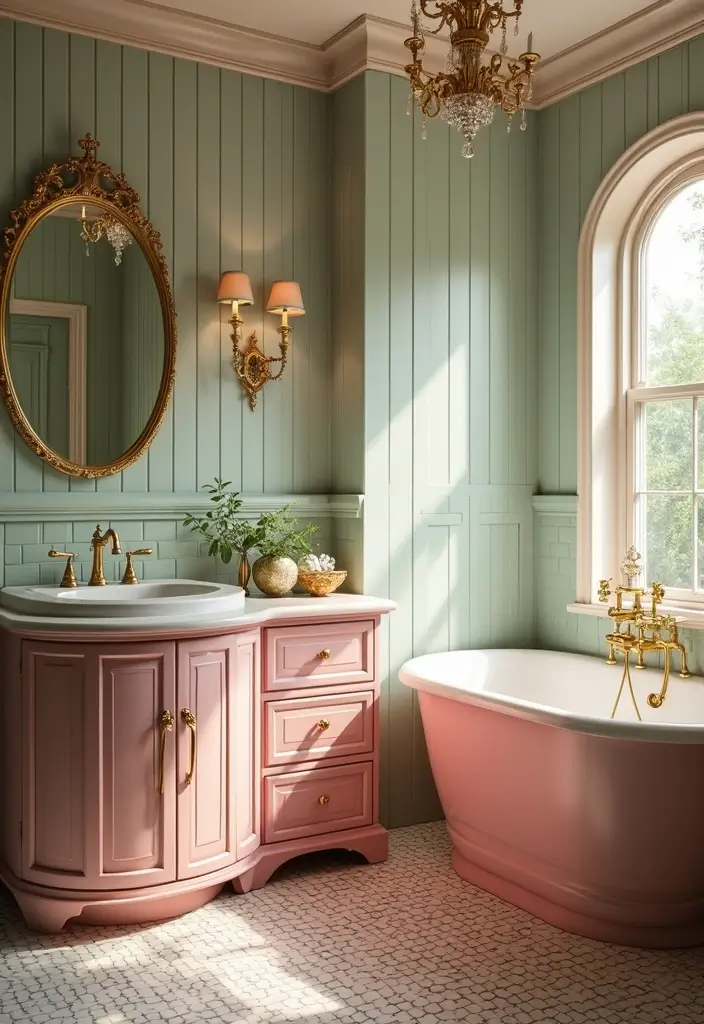 29 Pink And Green Bathroom Ideas That Look Trendy - 4. Vintage Glam