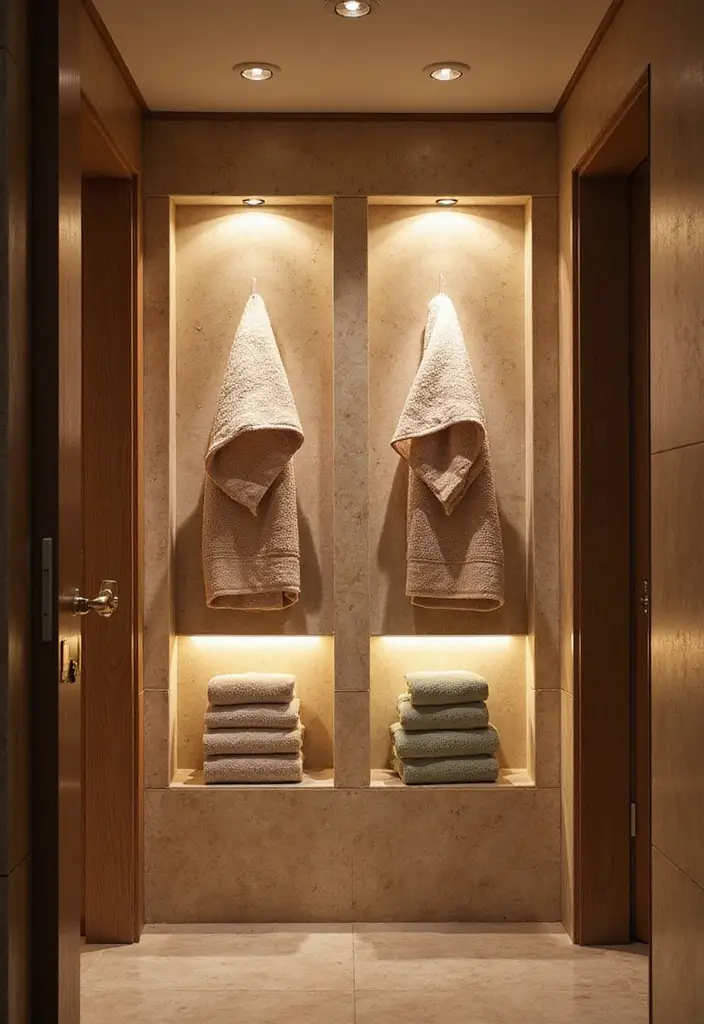 29 Towel Display In Bathroom Ideas That Look Boutique - 23. Towel Display with Lighting