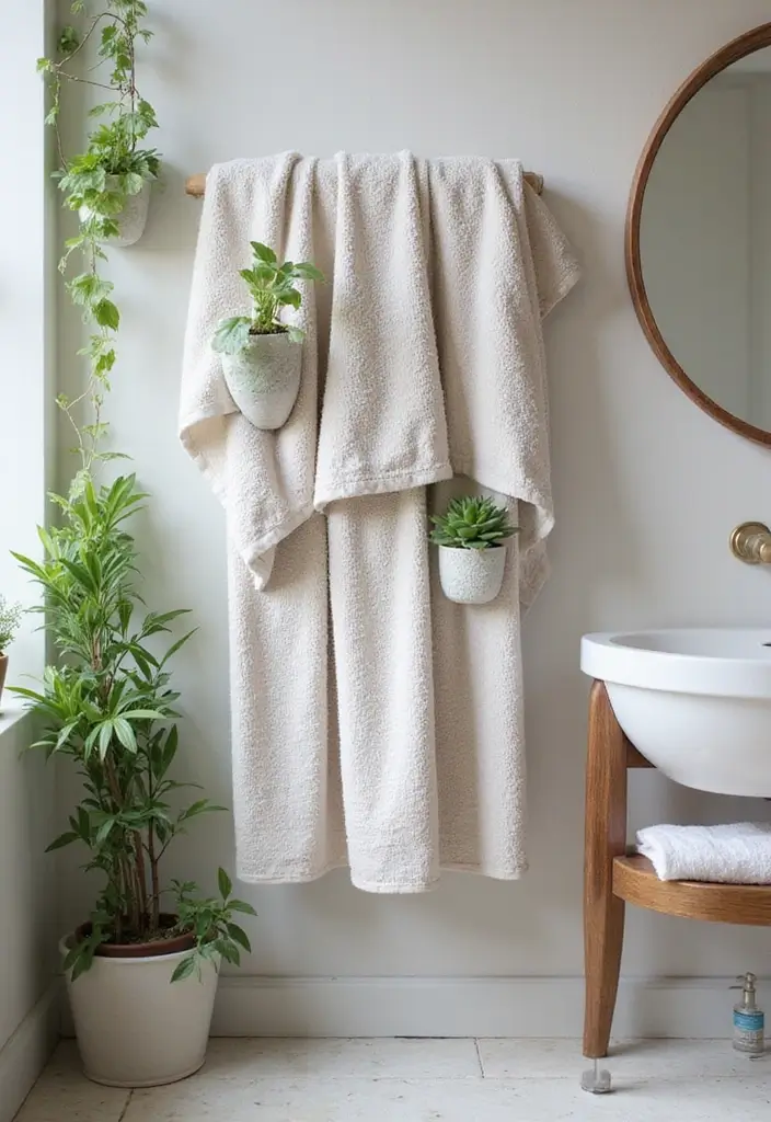 29 Towel Display In Bathroom Ideas That Look Boutique - 25. Incorporating Plants