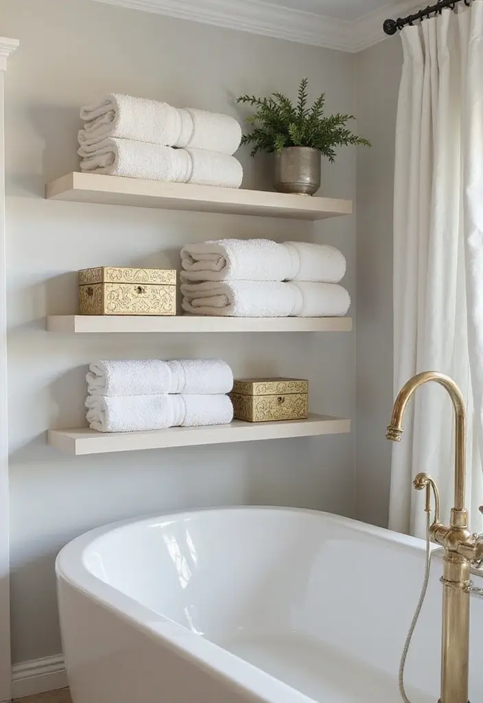 29 Towel Display In Bathroom Ideas That Look Boutique - 27. Floating Shelves