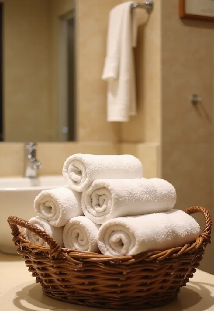 29 Towel Display In Bathroom Ideas That Look Boutique - 7. Decorative Baskets