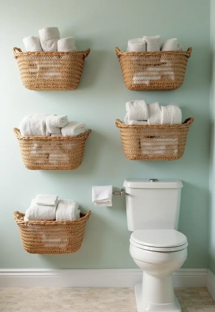 29 Towel Display In Bathroom Ideas That Look Boutique - 9. Wall-Mounted Baskets