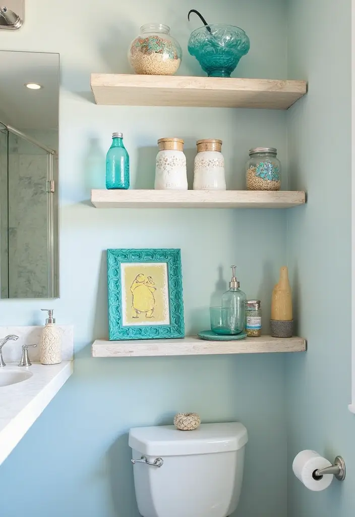 29 Under The Sea Bathroom Ideas For Kids And Adults - 20. Floating Shelves with Beach Decor
