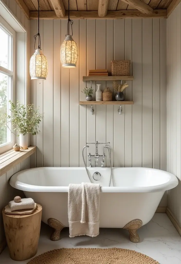 29 White And Wood Bathroom Ideas That Feel Warm - 10. White Lanterns and Wooden Accents