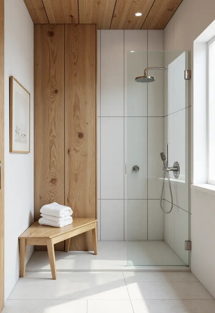 29 White And Wood Bathroom Ideas That Feel Warm - 11. Spa-Like Shower with Wood Paneling