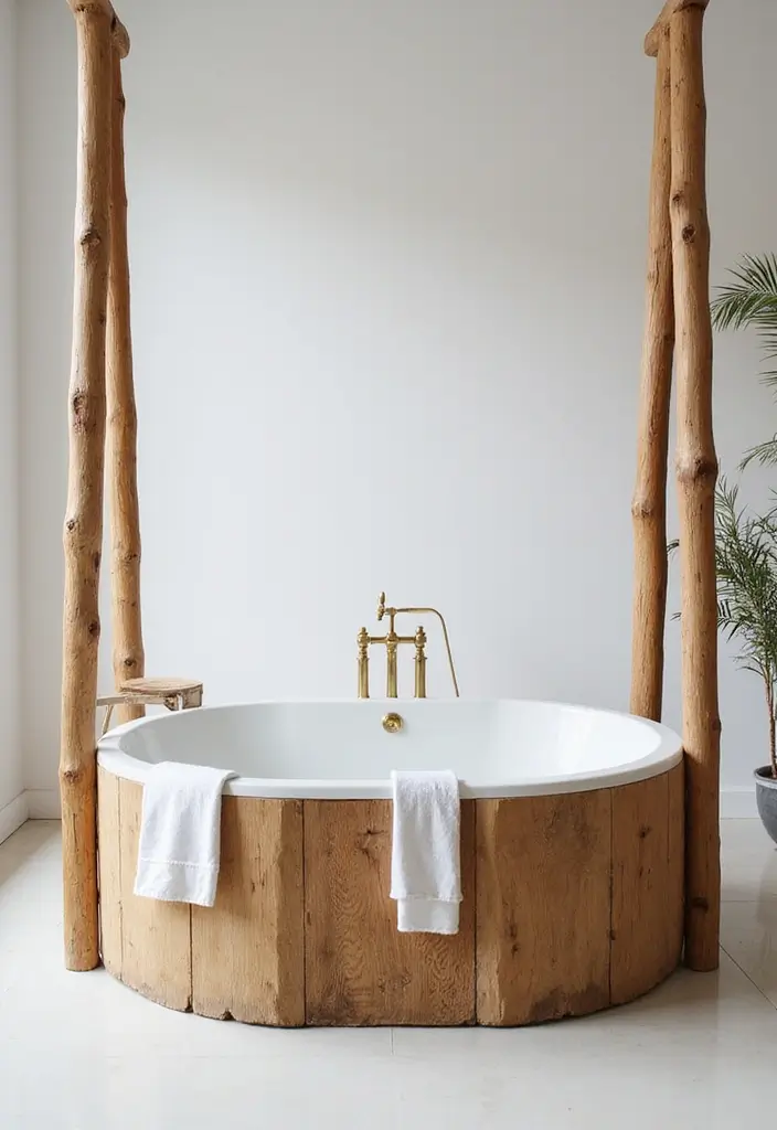 29 White And Wood Bathroom Ideas That Feel Warm - 15. Wood Framed Bathtub with White Surroundings