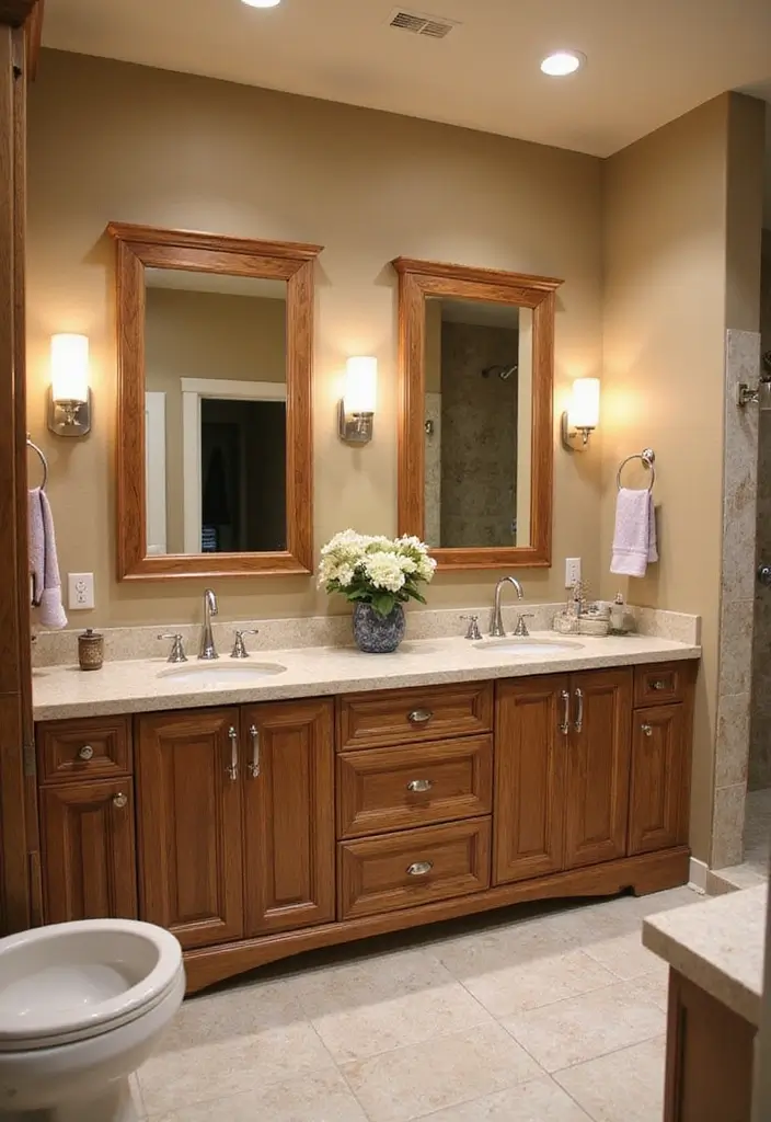 29 White And Wood Bathroom Ideas That Feel Warm - 17. Wood Accents in Cabinetry Design