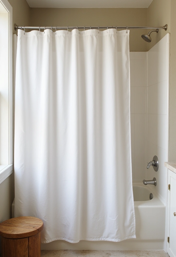 29 White And Wood Bathroom Ideas That Feel Warm - 18. White Shower Curtains with Wooden Fixtures