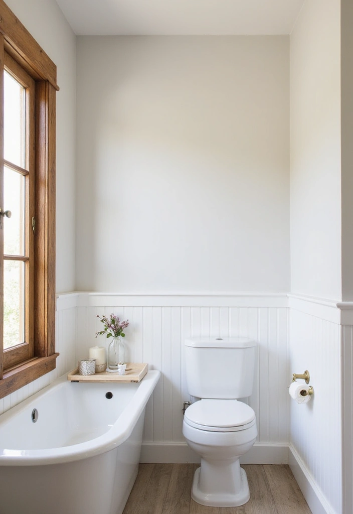 29 White And Wood Bathroom Ideas That Feel Warm - 19. White Wainscoting with Natural Wood Trim