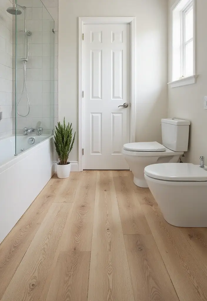 29 White And Wood Bathroom Ideas That Feel Warm - 20. Wood-Look Vinyl Flooring with White Fixtures
