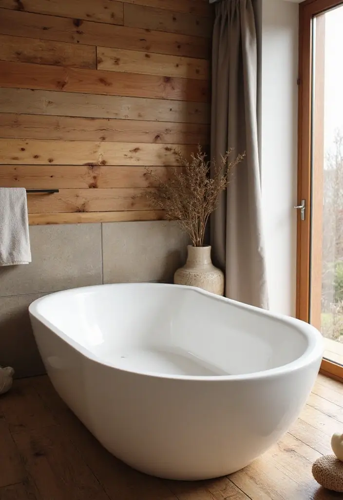 29 White And Wood Bathroom Ideas That Feel Warm - 4. White Bathtub Surrounded by Wood Accents