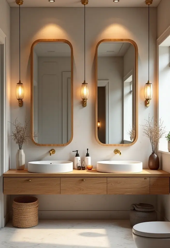 29 White And Wood Bathroom Ideas That Feel Warm - 8. White Framework Around Wooden Mirrors