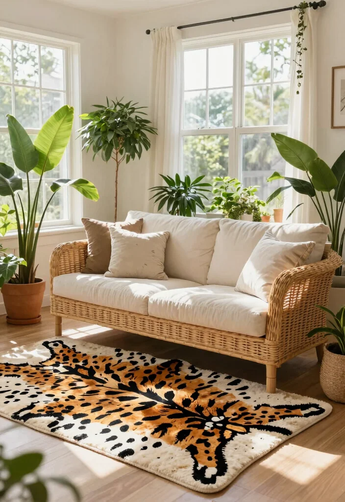 15 Animal Print Rug Living Room Ideas Bold Statement Style - 10. Outdoor-Inspired Decor 1