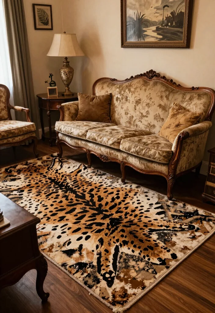 15 Animal Print Rug Living Room Ideas Bold Statement Style - 13. Vintage Flair 1