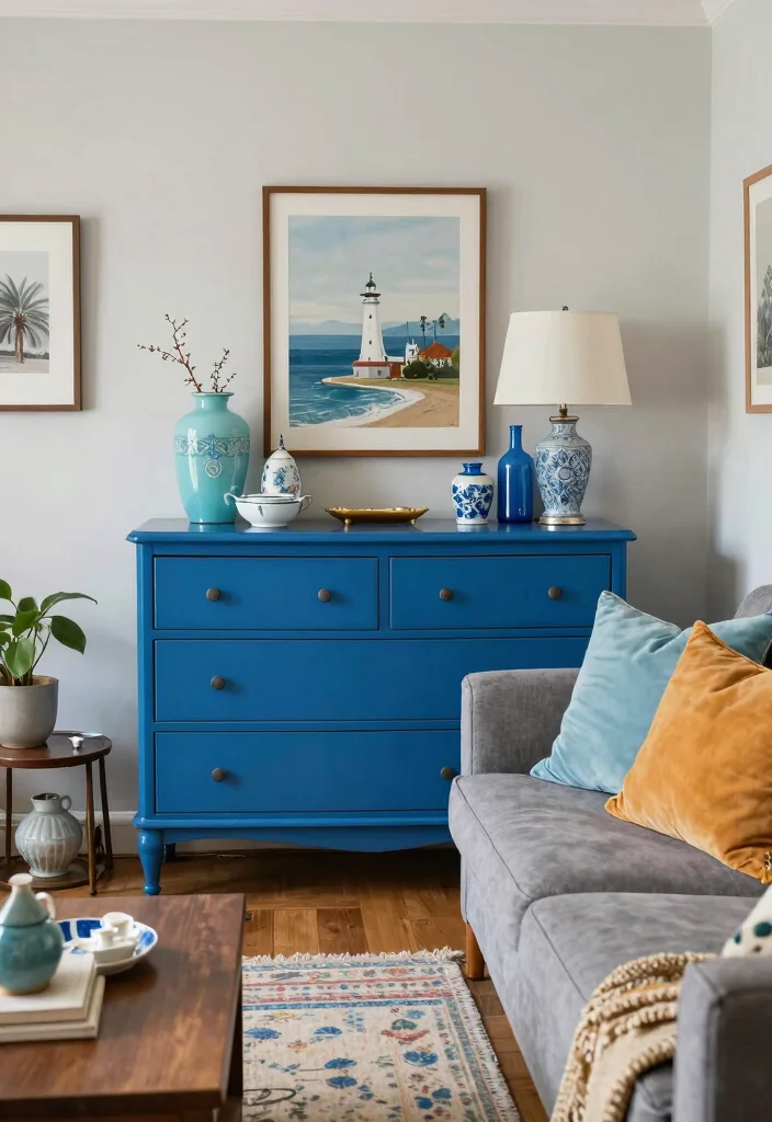 15 Blue Wall Decor Living Room Ideas Cool Color Accents - 14. Blue Vintage Finds 1