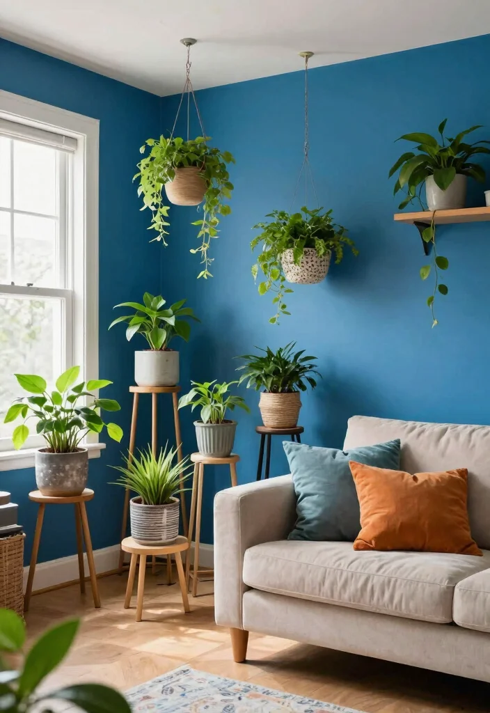 15 Blue Wall Decor Living Room Ideas Cool Color Accents - 15. Refreshing Blue Accent Wall with Plants 1
