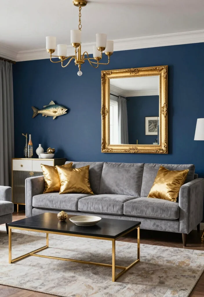 15 Blue Wall Decor Living Room Ideas Cool Color Accents - 3. Navy Blue and Metallic Accents 1