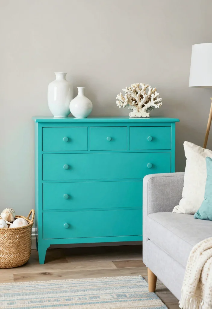 15 Blue Wall Decor Living Room Ideas Cool Color Accents - 4. Tropical Turquoise Dresser 1
