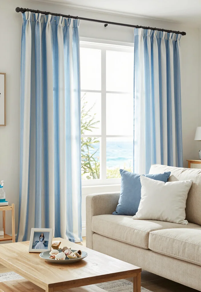 15 Blue Wall Decor Living Room Ideas Cool Color Accents - 5. Striped Blue and White Curtains 1