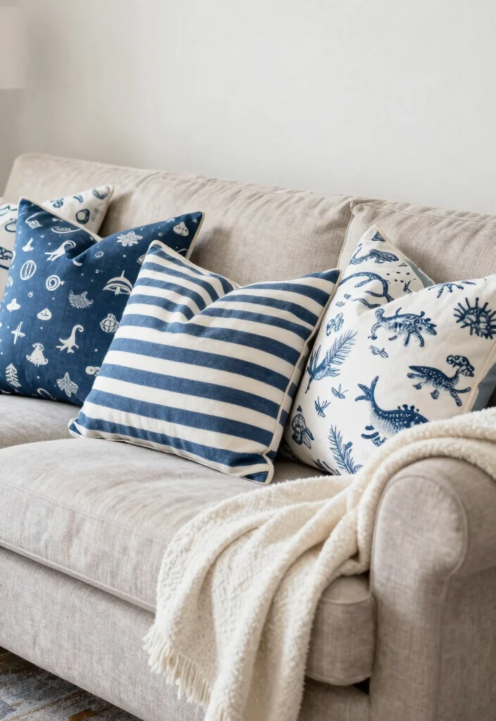 15 Blue Wall Decor Living Room Ideas Cool Color Accents - 7. Coastal-Inspired Throw Pillows 1