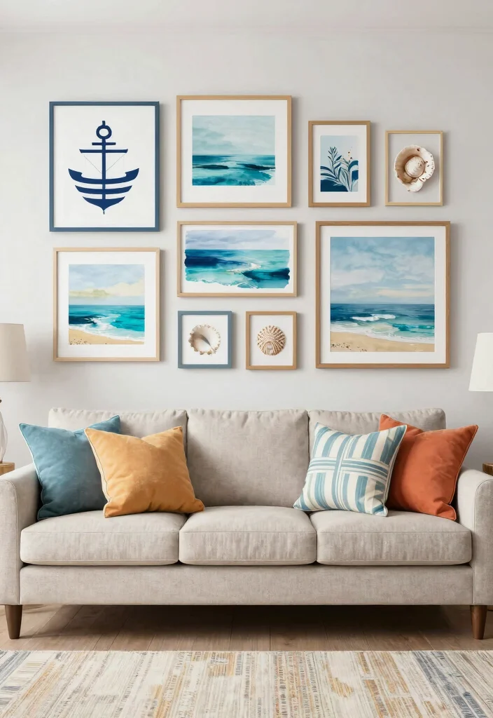 15 Blue Wall Decor Living Room Ideas Cool Color Accents - 9. Coastal Gallery Wall 1
