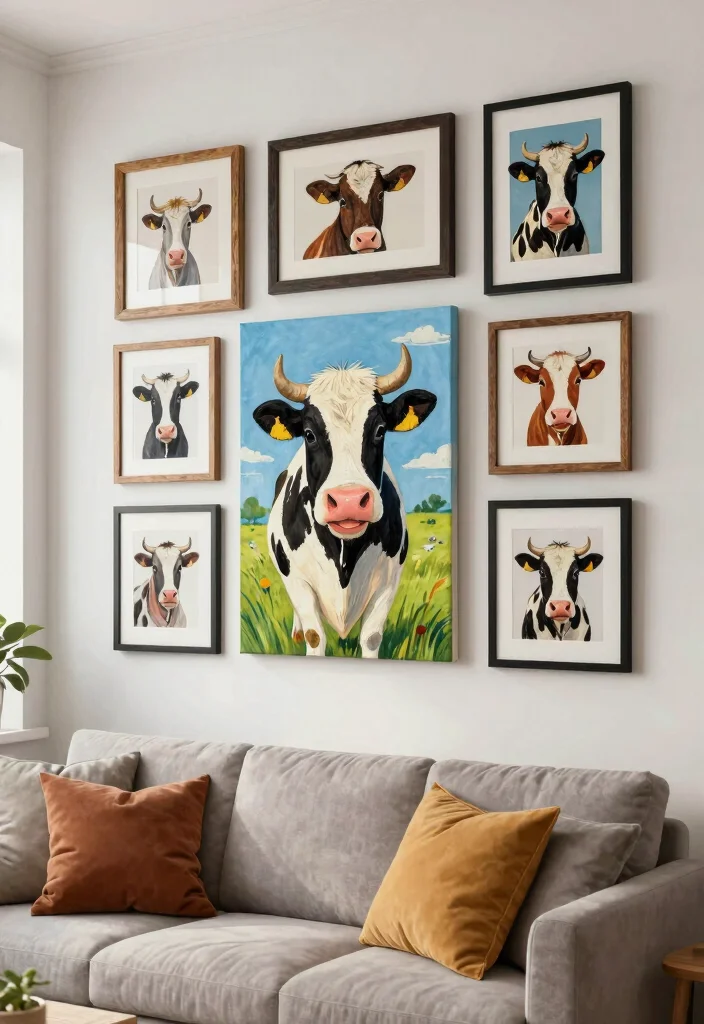 15 Cow Living Room Decor Ideas for a Farmhouse Whimsical Touch - 1. Playful Cow Wall Art 1