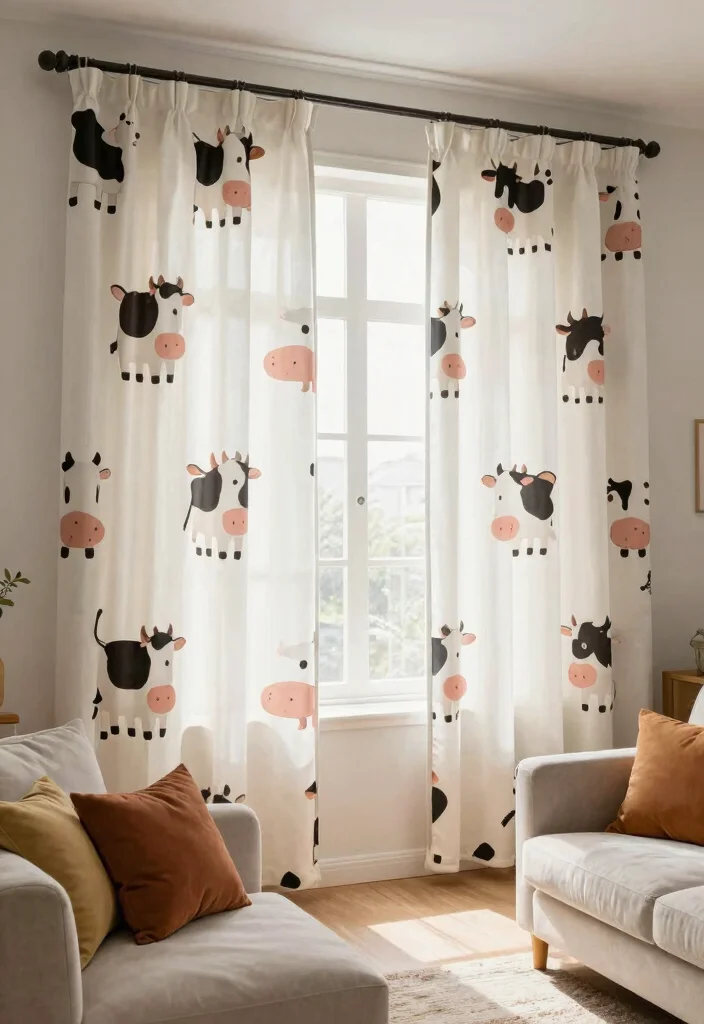 15 Cow Living Room Decor Ideas for a Farmhouse Whimsical Touch - 11. Whimsical Cow-Themed Curtains 1