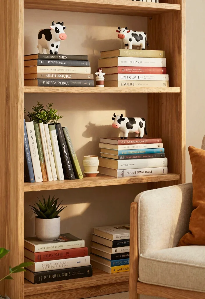 15 Cow Living Room Decor Ideas for a Farmhouse Whimsical Touch - 12. Cow-Themed Books and Decor 1
