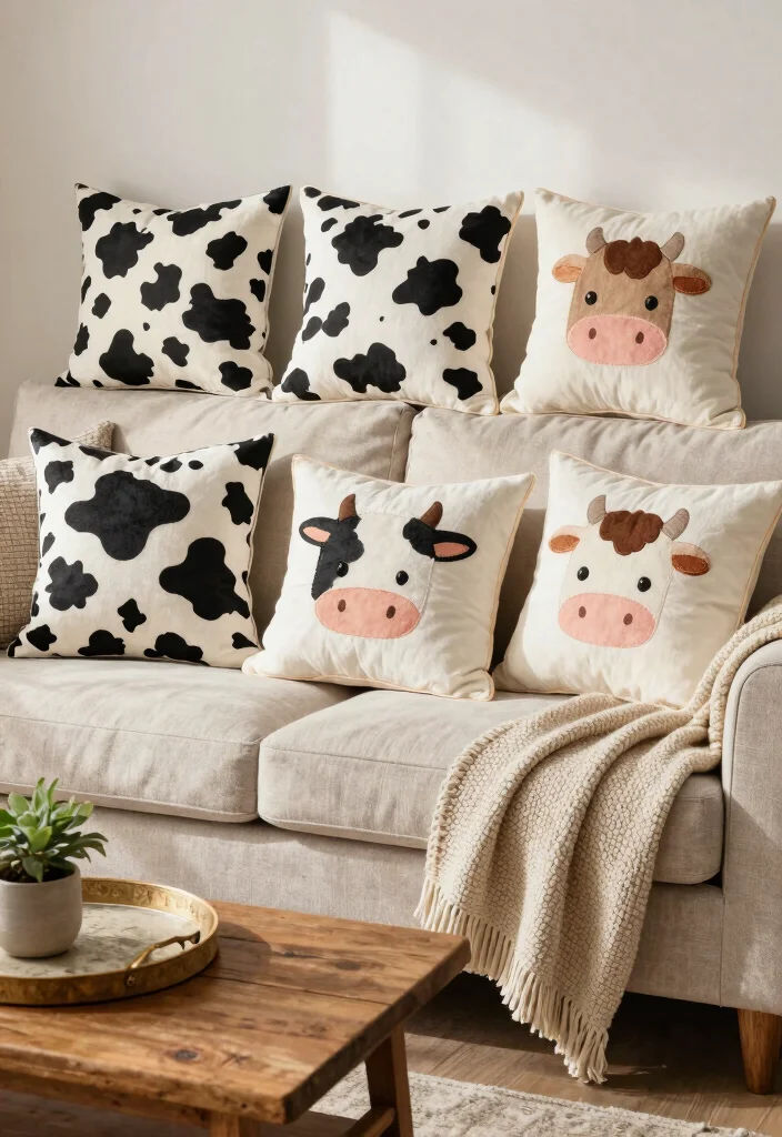 15 Cow Living Room Decor Ideas for a Farmhouse Whimsical Touch - 2. Cow-Print Throw Pillows 1