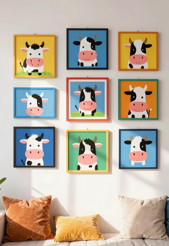 15 Cow Living Room Decor Ideas for a Farmhouse Whimsical Touch - 9. Cheerful Cow-Themed Art Prints 1