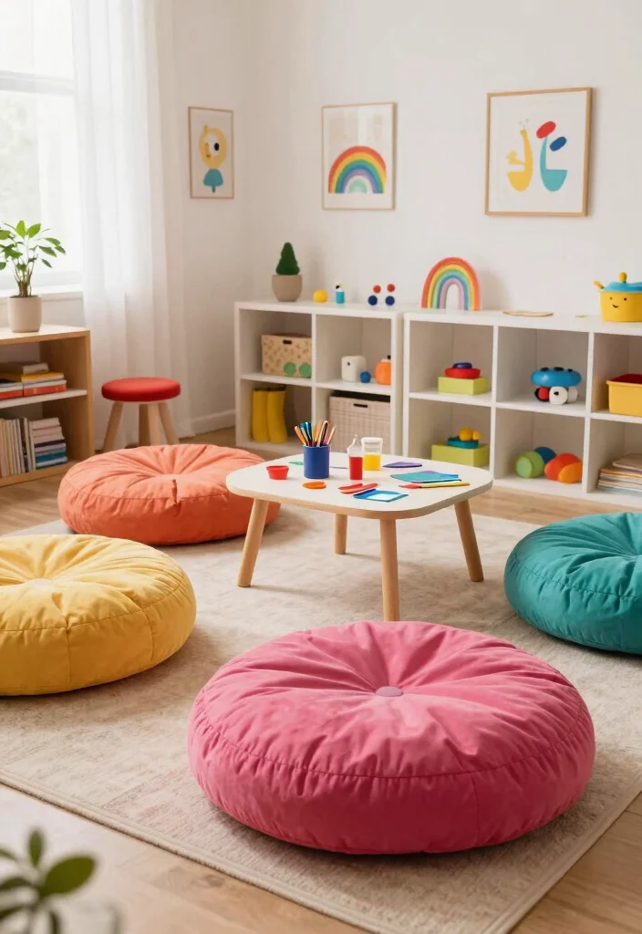 15 Floor Sofa Living Room Ideas for Casual Minimal Comfort - 11. Colorful Kids' Floor Area 1