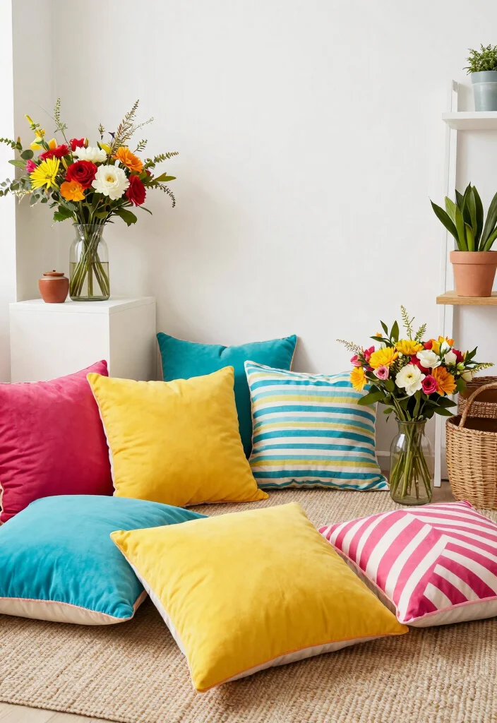 15 Floor Sofa Living Room Ideas for Casual Minimal Comfort - 15. Seasonal Floor Seating Decor 1